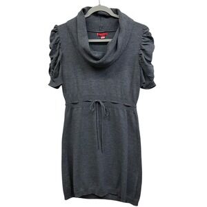 Liv Sweater Dress Womens Petite Large Gray Cowl Neck Ruched Sleeve Drawstring